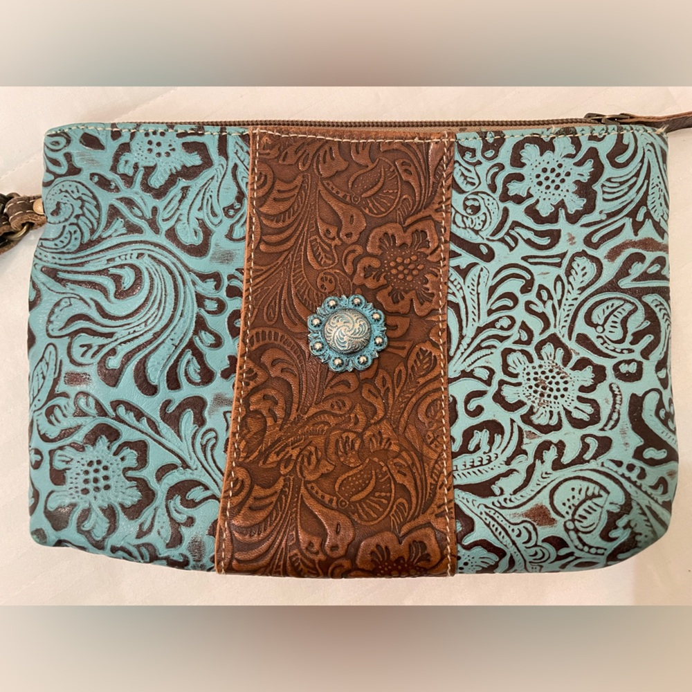 Myra Bag Brown and Blue Floral Clutch Wristlet